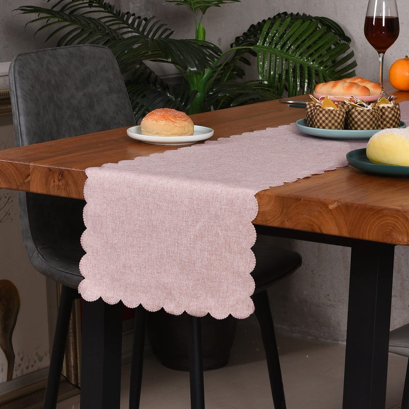 Winotic Table Runner 13 x 72 Inches Long, Cotton Linen Farmhouse Scallop Style Pink Table Linen for Kitchen Dining Coffee Table Parties Wedding Home Decor (13” x 72”, Pink) - Image 2
